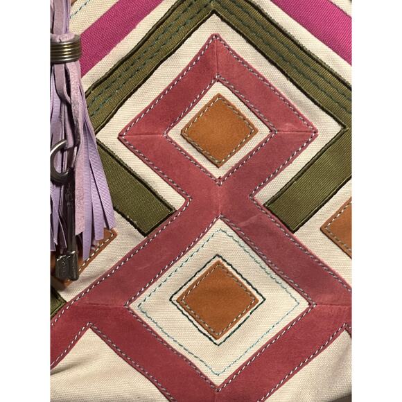 Fossil Jesse Large Pink Green Suede Canvas 2 Strap Tote Bag Purse and Keychain - Picture 4 of 8